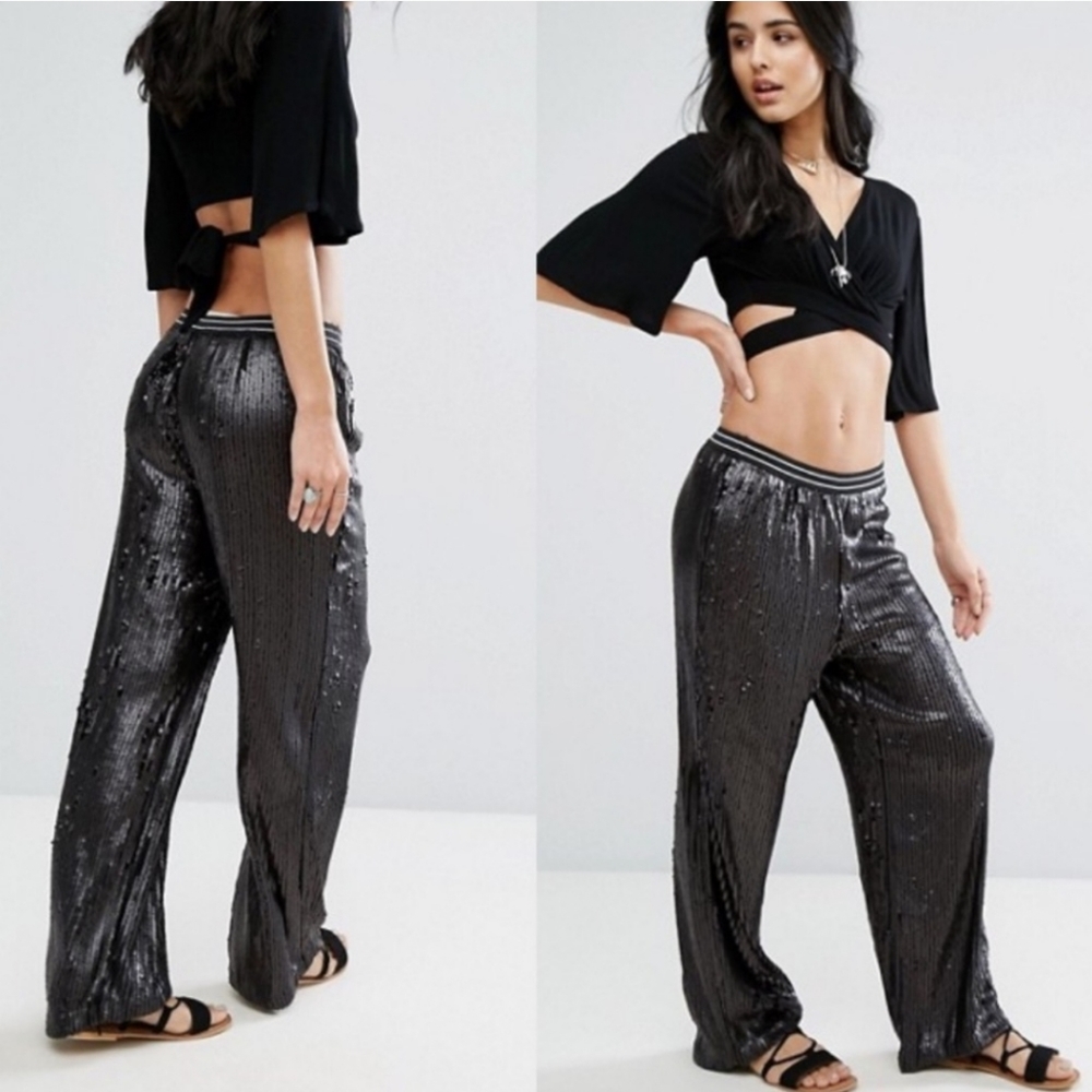 Free People Black Sequin Wide-Leg Pants